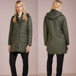 Barbour Greenfinch Quilted Jacket Long Hooded Coat Size 8 Green Preowned